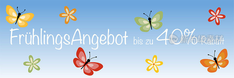 fr<s:1> hlingsangebot bis zu 40%拉巴特-文字在德语-春季提供高达40%的折扣。天蓝色背景上有彩色蝴蝶和花朵的销售横幅。